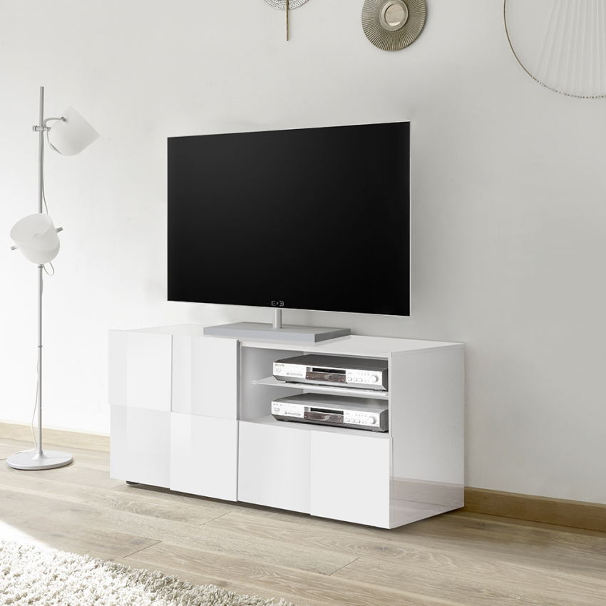 Meuble TV bas moderne porte latérale avec tiroir coulissant blanc Dama
