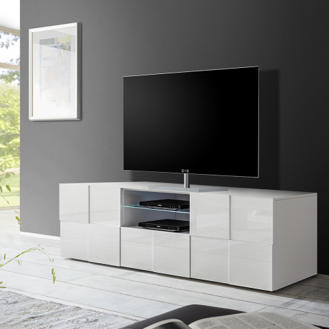 Meuble TV moderne fonctionnel avec 2 portes et tiroir coulissant blanc Dama Promotion