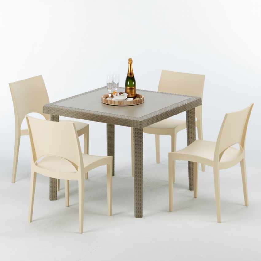 Table carrée beige + 4 chaises colorées Poly rotin synthétique Elegance Promotion