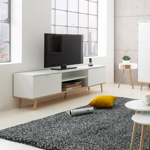 Meuble TV blanc design scandinave avec 2 portes à compartiments ouverts en bois Ekraan