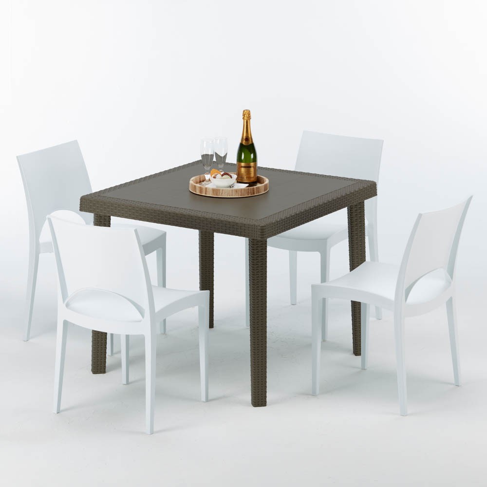 Table carrée et 4 chaises colorées Poly-rotin vendre résine 90x90 marron
