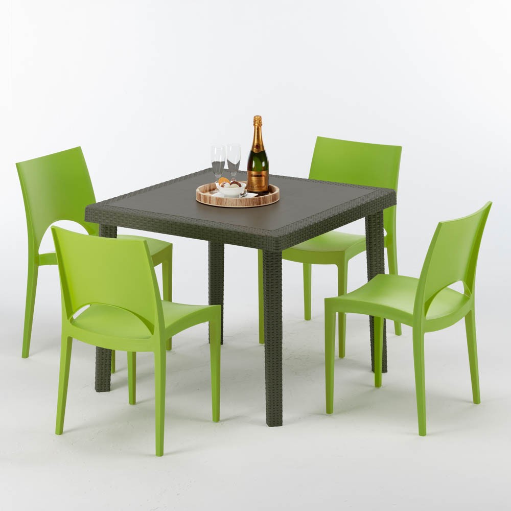 Table carrée et 4 chaises colorées Poly-rotin résine 90x90 marron vente en gros
