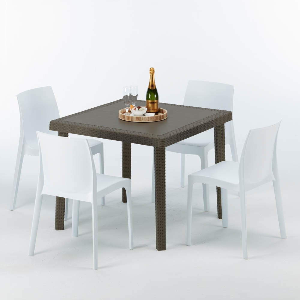 Table 2024 carrée et 4 chaises colorées Poly-rotin résine 90x90 marron