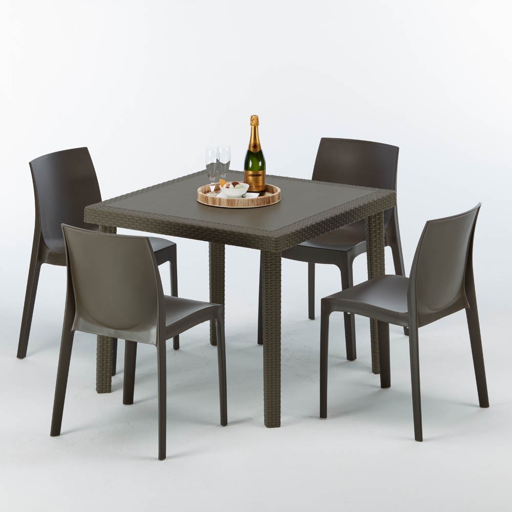 Table carrée et 4 chaises colorées Poly-rotin résine 90x90 marron vente en gros