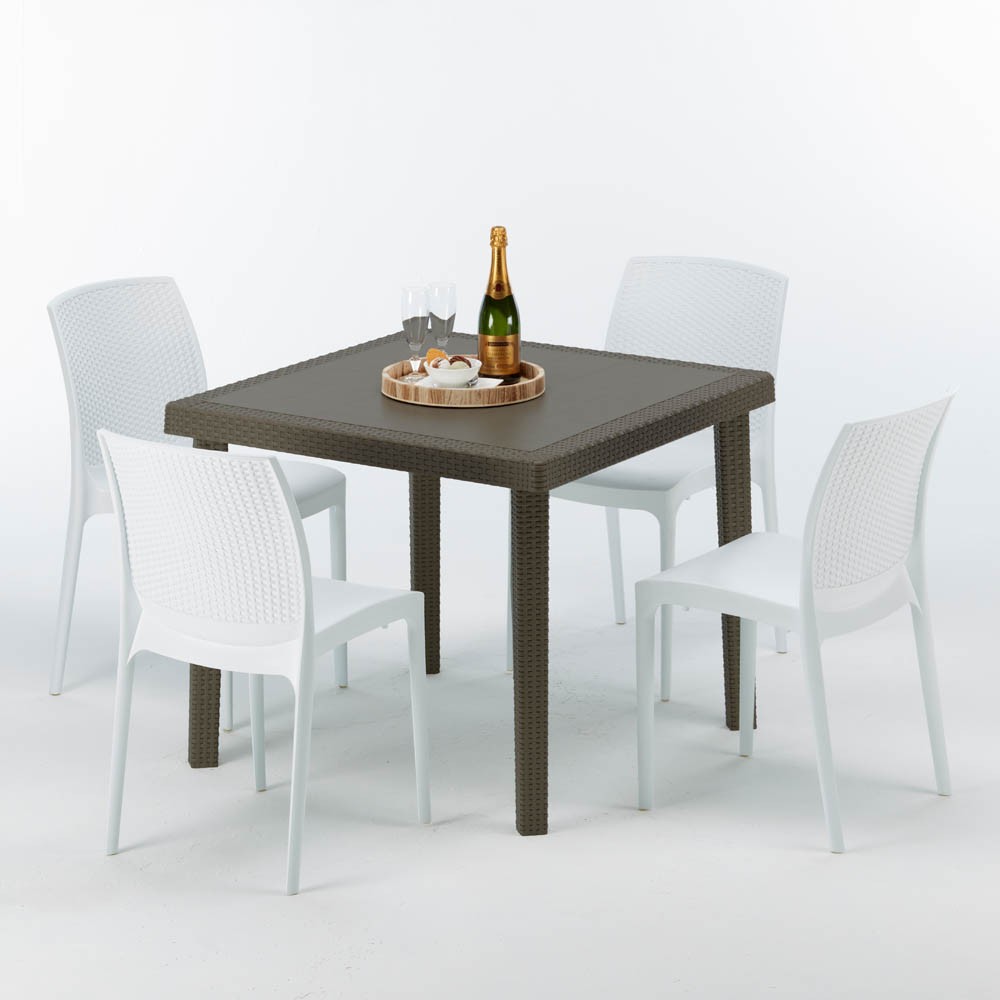 Table carrée et 4 chaises colorées Poly-rotin résine 90x90 marron vente en gros