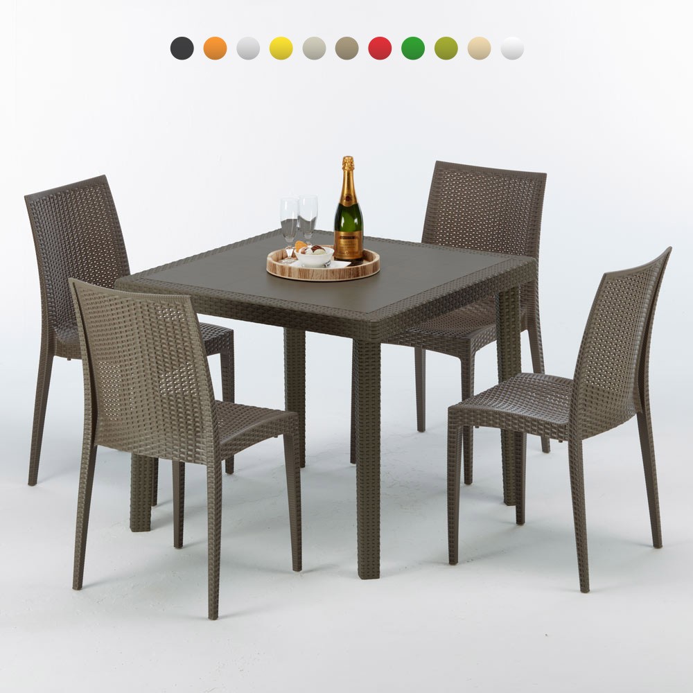 Table carrée et 4 vente chaises colorées Poly-rotin résine 90x90 marron