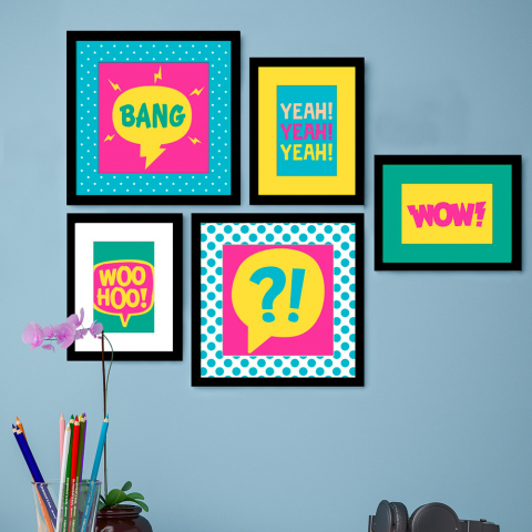 Ensemble de 5 tableaux impressions style pop avec cadres Frame Color Full Promotion