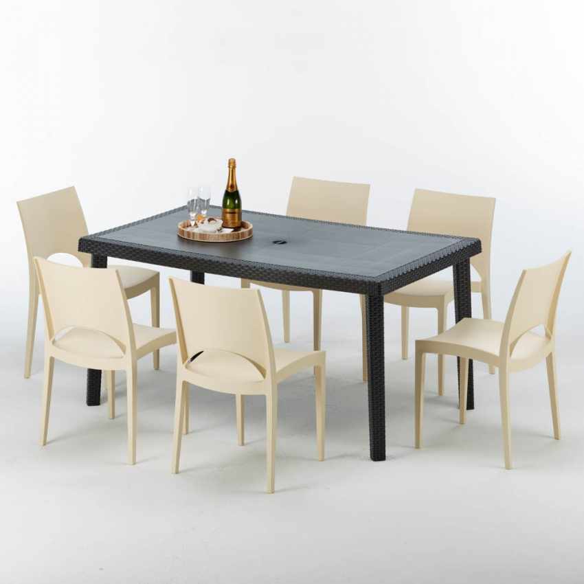 Table rectangulaire et 6 chaises Poly rotin colorées 150x90cm noir Enjoy