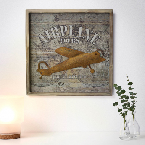Tableau effet 3D impression sur planche de bois avec inserts métalliques Plane Promotion