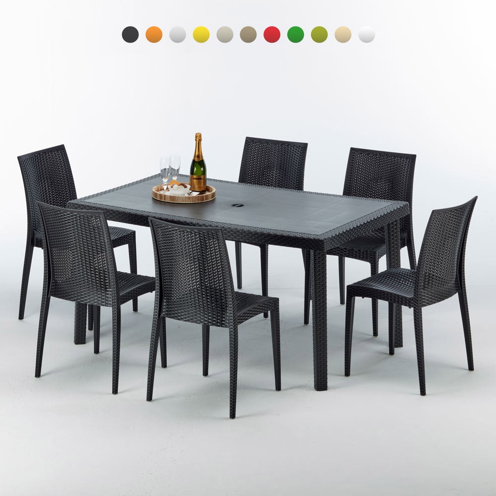 Table Rectangulaire Et 6 Chaises Poly Rotin Colorées 150x90cm Noir Enjoy