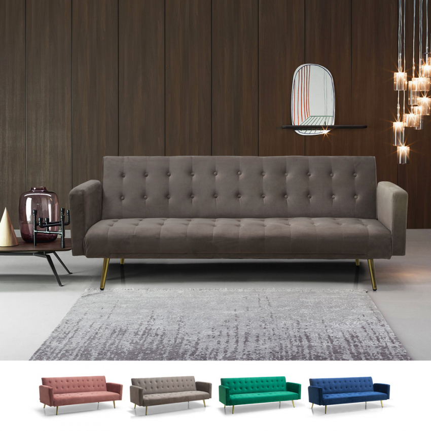 Canapé Convertible 3 Places Clic Clac Moderne En Velours Avec Pieds Dorés Caullae Divano letto moderno clic clac 3 posti