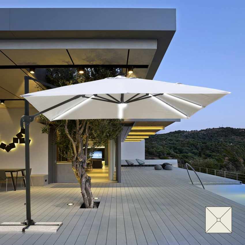 Parasol avec Lumière solaire à Led carré 3m² bars aluminium anti uv Paradise
