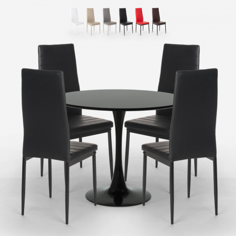 Set de table design tulipe ronde 80cm noir 4 chaises modernes en simili cuir Vogue Black
