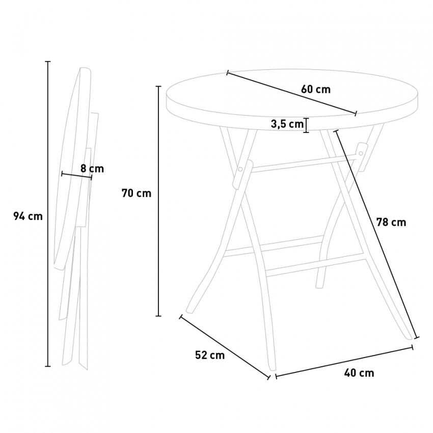 Daiquiri Table pliante ronde d'extérieur avec plateau en verre de 60cm