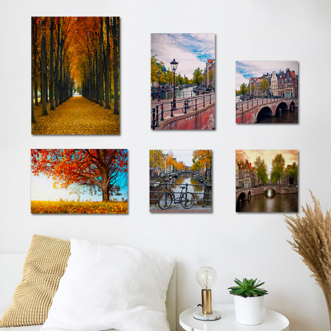 Ensemble de 6 tableaux et toile paysage urbain avec cadre en bois Autumn