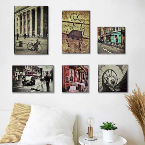 Ensemble de 6 tableaux et toiles au paysage urbain avec cadre bois vintage Postcard