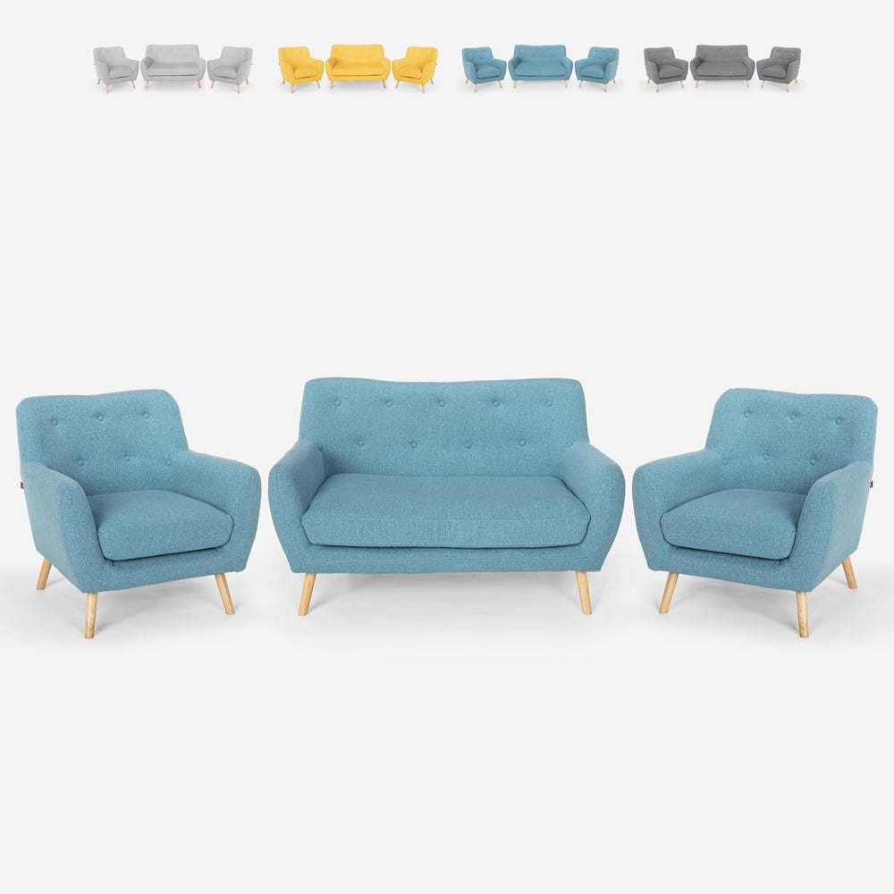Ensemble de salon 2 fauteuils canapé 2 places design bois et tissu Cleis