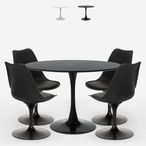 Table ronde 120cm effet marbre design Tulipe + 4 chaises modernes Paix
