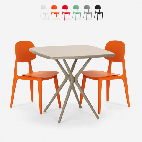 Table moderne carré beige 70x70 + 2 chaises design Wade