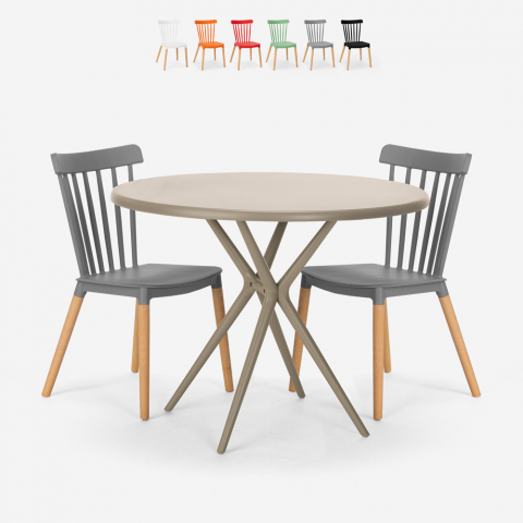 Table design ronde beige 80 cm + 2 chaises design Eskil