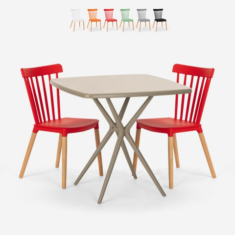 Table carrée beige 70x70cm + 2 chaises design moderne Roslin