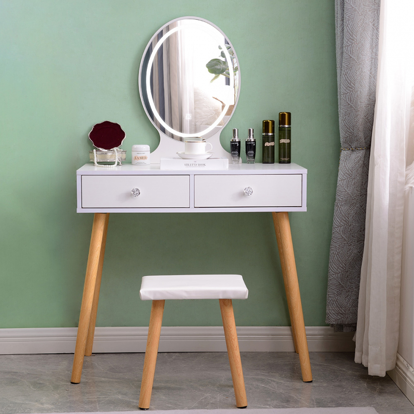 Table Maquillage 3 Tiroirs + Miroir LED Coiffeuse Blanche avec Miroir