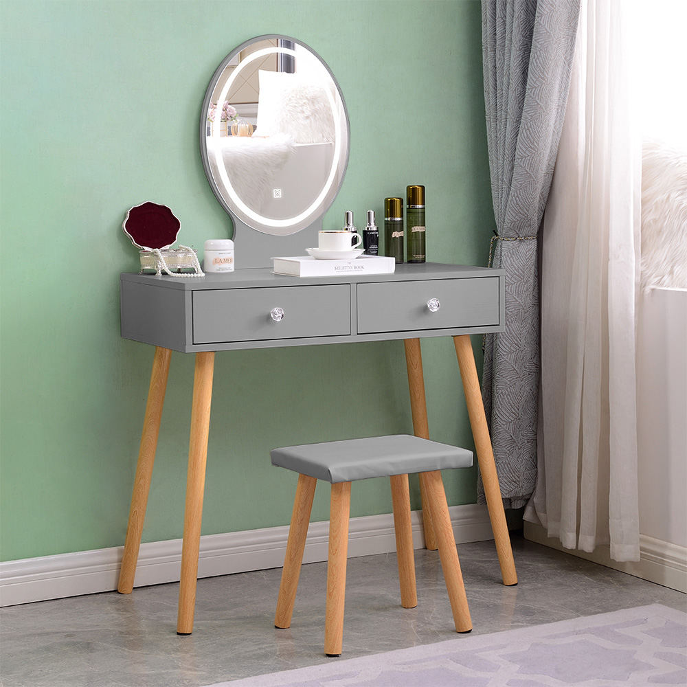 Coiffeuse table de maquillage grise avec tiroirs et miroir à LED Serena Grey