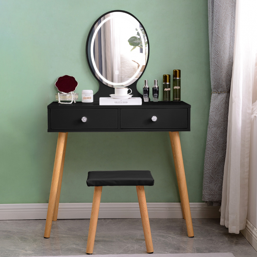 Serena Black Coiffeuse table de maquillage noire tiroirs miroir à LED