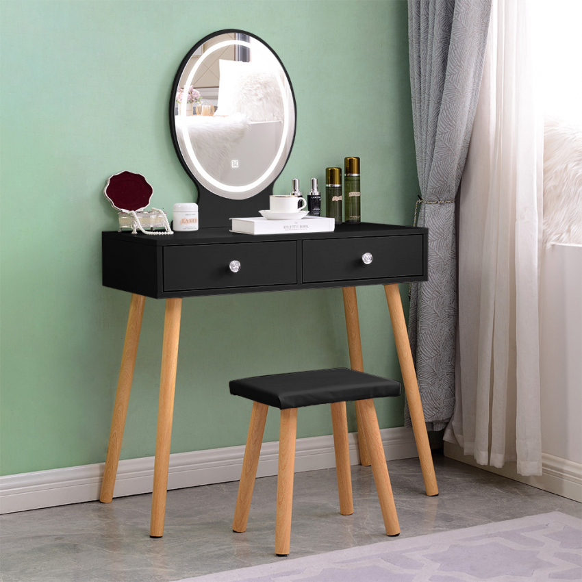 Coiffeuse table maquillage gris + grand miroir + LED Coiffeuse moderne