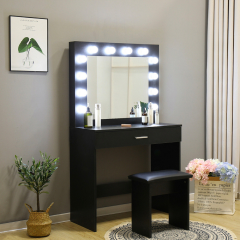 Coiffeuse table de maquillage noire avec tabouret miroir à LED Gaia Black