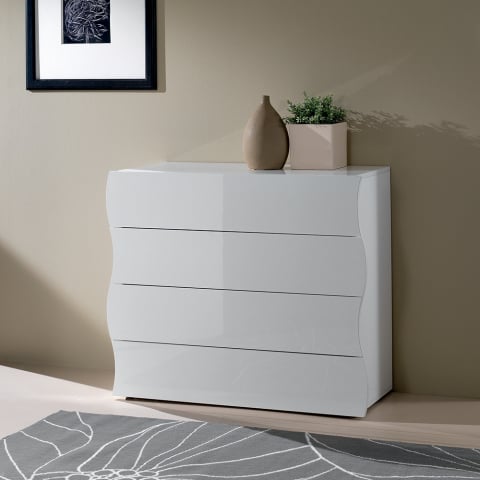 Commode chambre 100cm Design 4 Tiroirs Blanc Brillant Onda Draw