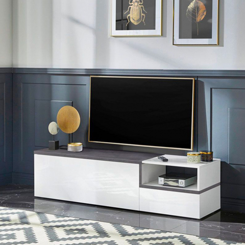 Meuble TV Salon 160cm 2 Portes 1 Compartiment Design Zet Kiwey Ardesia M
