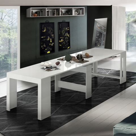 Table À Manger extensible en bois Blanc Brillant 90x51-300cm Design Salon Pratika White Promotion