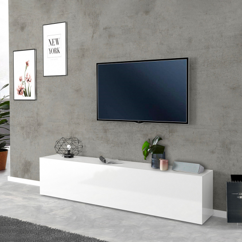 Meuble TV de salon 180cm 1 porte 2 compartiments blanc brillant Joy Low Promotion