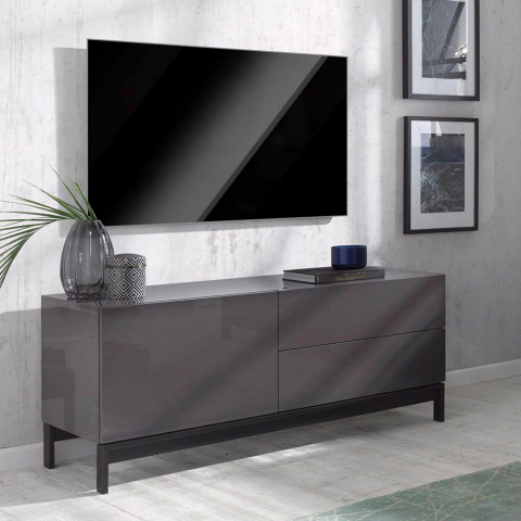 Meuble TV de salon 2 tiroirs design anthracite brillant Metis Up Report Promotion