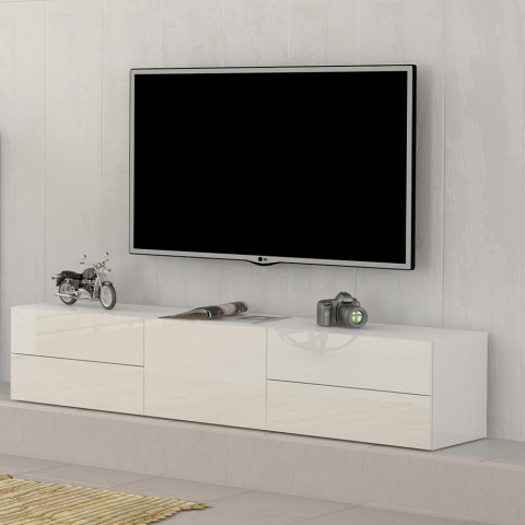 Meuble TV Blanc Brillant Design 170cm Porte 4 Tiroirs Metis Living