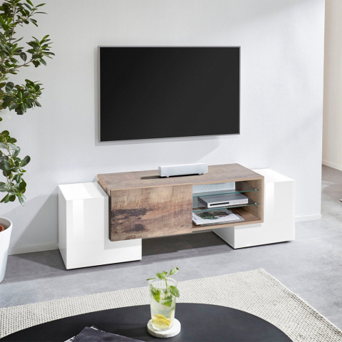 Meuble TV 150cm Design Moderne 3 Portes 2 Étagères Pillon Acero M