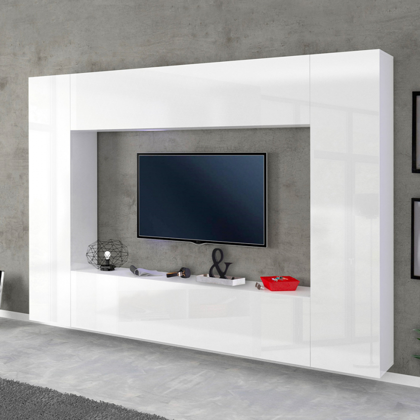 Meuble TV avec étagère murale et 2 tables d'appoint Glostrup Chêne et blanc