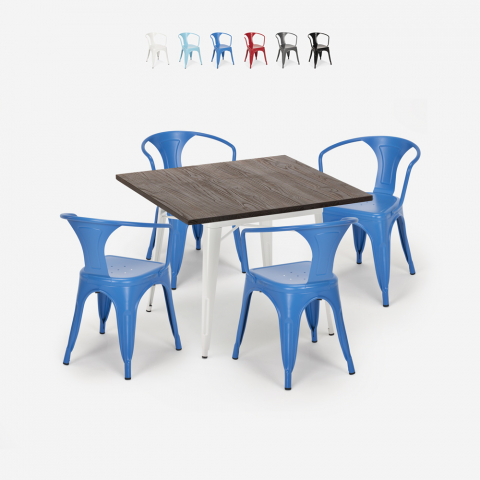 table 80x80cm design industriel + 4 chaises style Lix bar cuisine hustle white Promotion