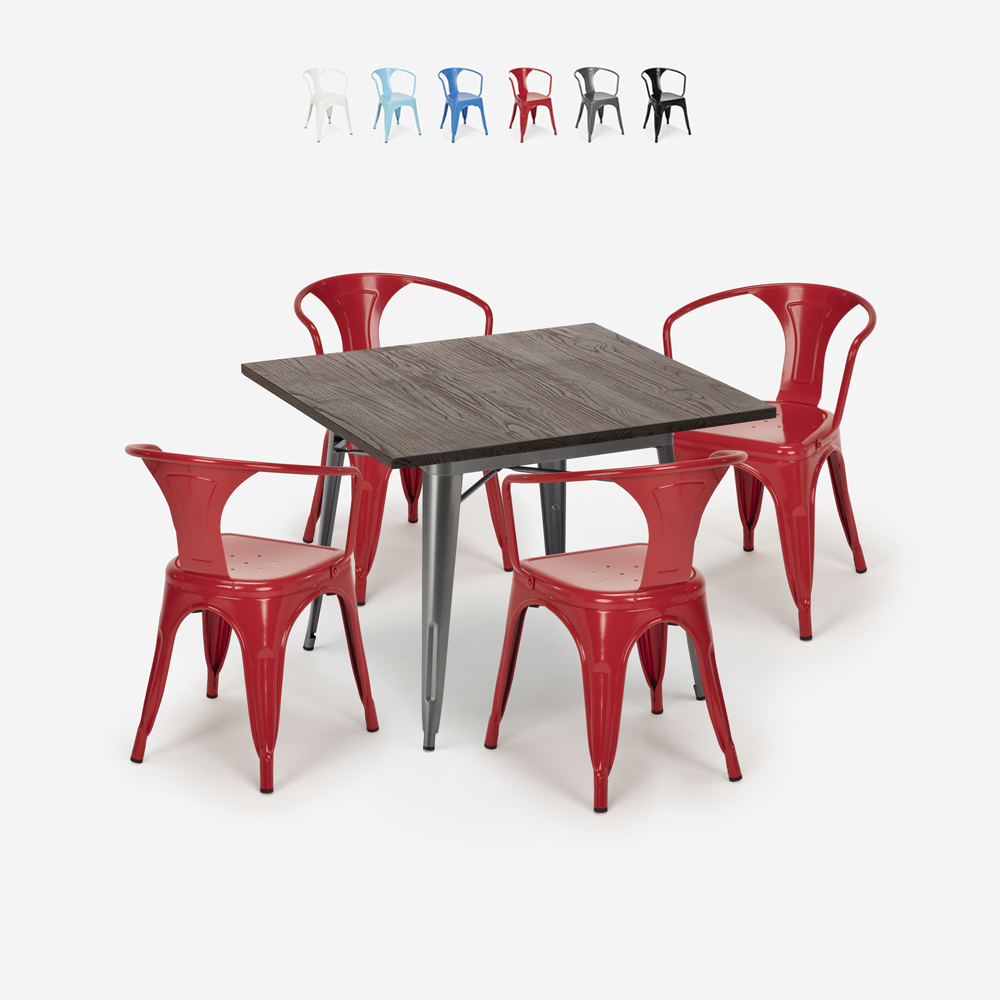 Ensemble table 80x80 design industriel + 4 chaises style cuisine bar hustle