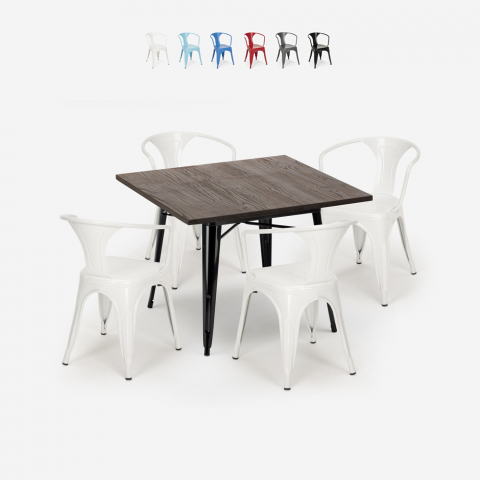 Ensemble Table 80x80cm 4 Chaises Design Industriel Style Tolix Cuisine Bar Hustle Black