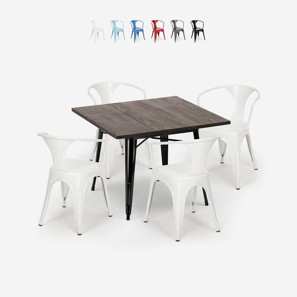 table 80x80cm + 4 chaises design industriel style cuisine et bar hustle black