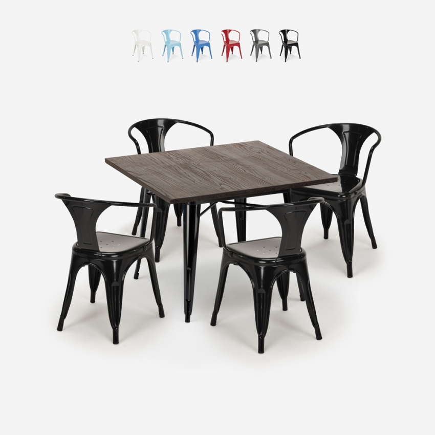 table 80x80cm + 4 chaises design industriel style Lix cuisine et bar hustle black Réductions