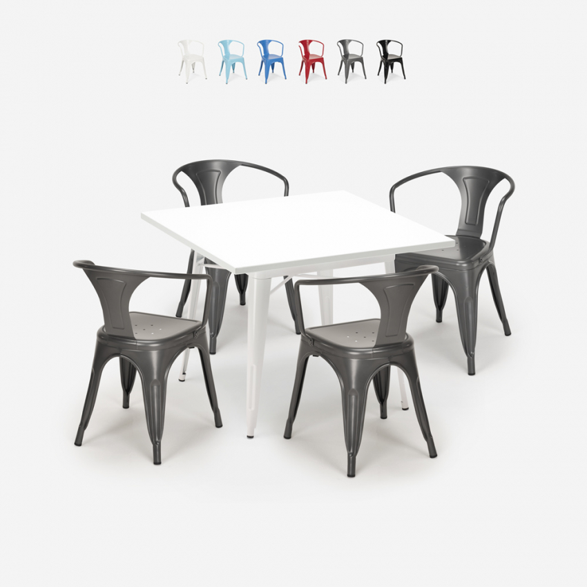 table blanc acier 80x80 + 4 chaises style de bar century white Remises table blanc acier 80x80 + 4 chaises style de bar century white Remises