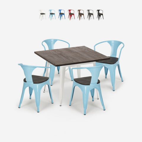 table 80x80 + 4 chaises style Lix industriel cuisine et bar hustle wood white Promotion