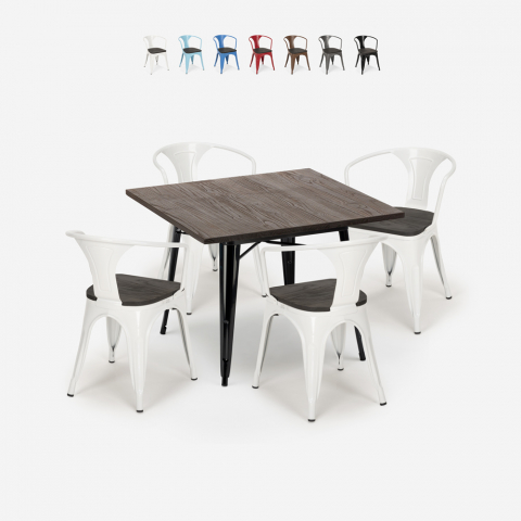 Ensemble Table 80x80cm 4 Chaises Tolix Industriel Bois Métal Cuisine Hustle Wood Black