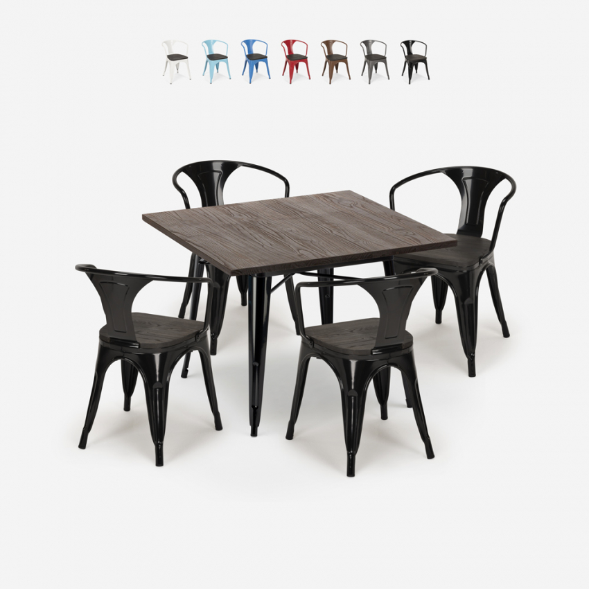 table 80x80 + 4 chaises style industriel bois métal cuisine hustle wood black Catalogue