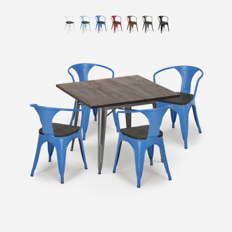 table 80x80 + 4 chaises style industriel cuisine restaurant et bar hustle wood Promotion