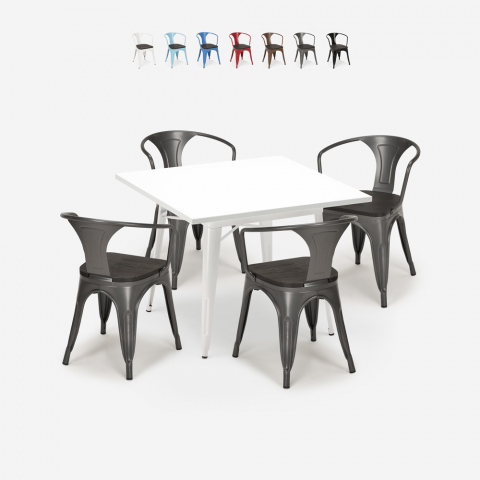 table blanche 80x80 + 4 chaises style Lix industriel bois century wood white Promotion