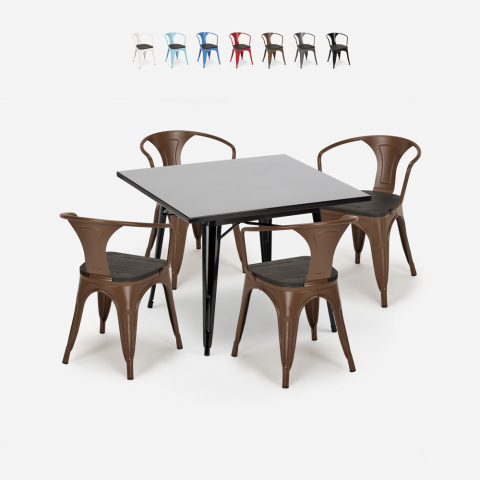 Ensemble Table Noire 80x80cm 4 Chaises Style Tolix Industriel Century Wood Black